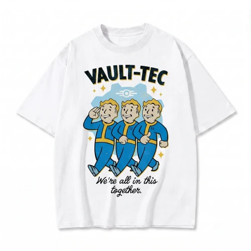 Biała koszulka Fallout z nadrukiem Vault-Tec i Vault Boyów