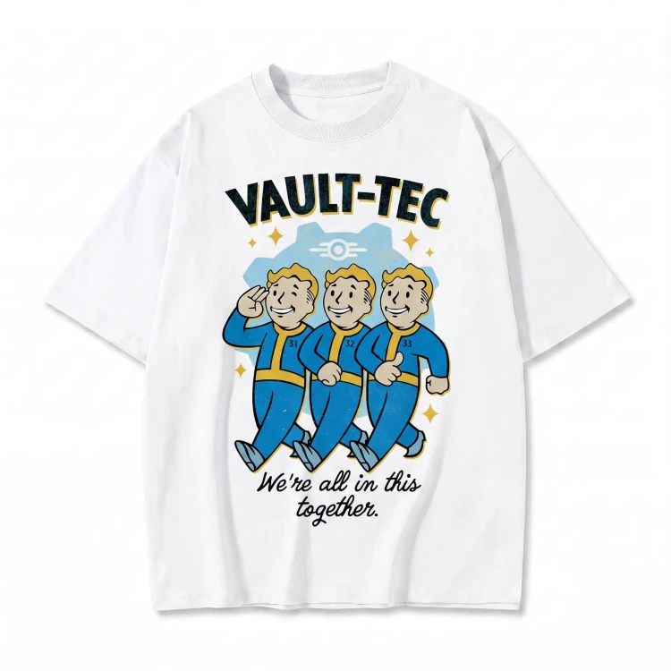 Biała koszulka Fallout z nadrukiem Vault-Tec i Vault Boyów