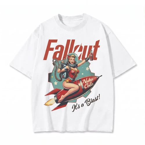 Biała koszulka Fallout z nadrukiem Nuka-Cola i pin-up girl