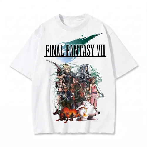 Biała koszulka Final Fantasy VII z nadrukiem bohaterów gry