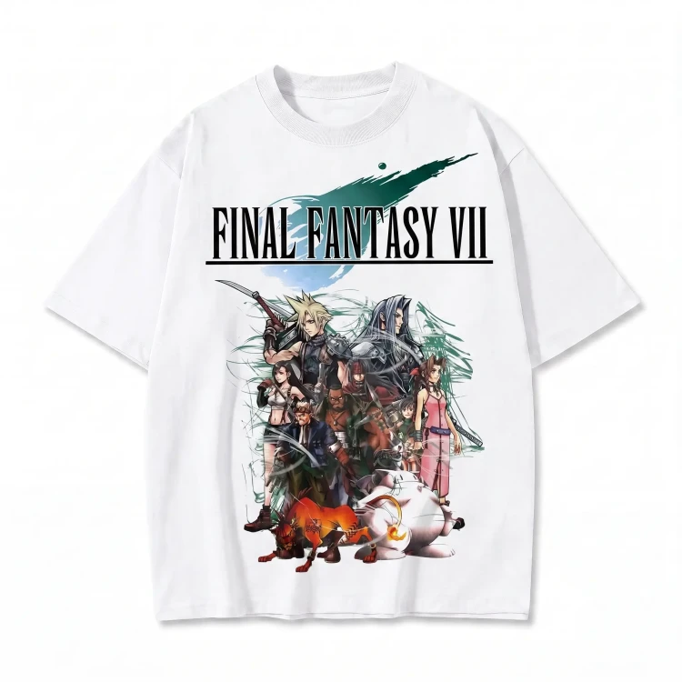 Biała koszulka Final Fantasy VII z nadrukiem bohaterów gry