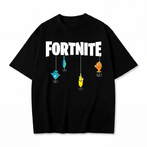 Czarna koszulka Fortnite z nadrukiem logo i postaci na żyłkach