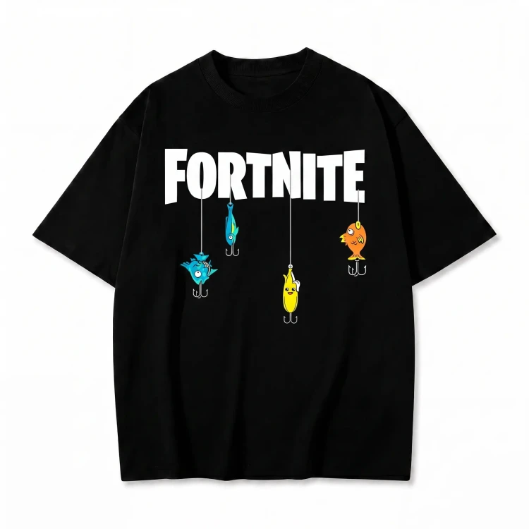 Czarna koszulka Fortnite z nadrukiem logo i postaci na żyłkach