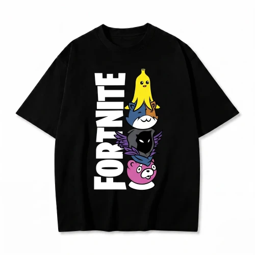 Czarna koszulka Fortnite z pionowym nadrukiem logo i postaci