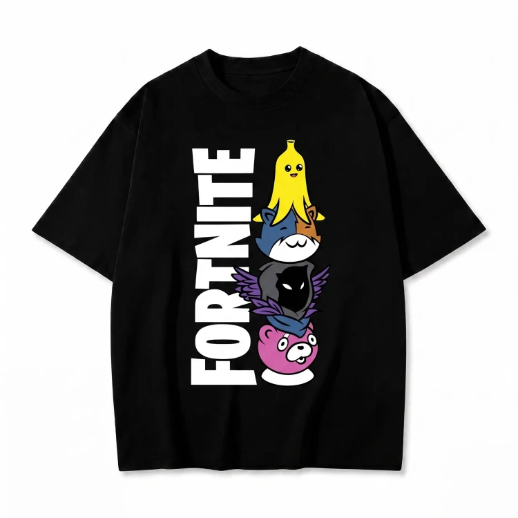 Czarna koszulka Fortnite z pionowym nadrukiem logo i postaci