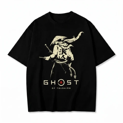 Czarna koszulka Ghost of Tsushima z nadrukiem samuraja i logo gry