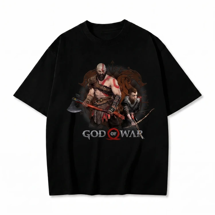 Czarna koszulka God of War z nadrukiem Kratosa i Atreusa