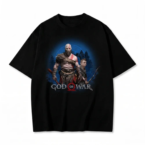 Czarna koszulka God of War z nadrukiem Kratosa i Atreusa w niebieskiej poświacie