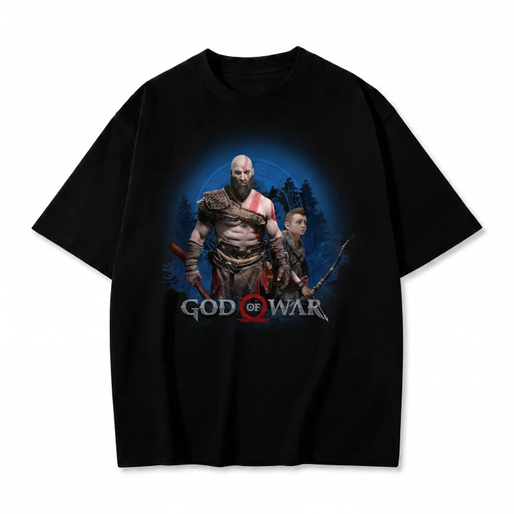 Czarna koszulka God of War z nadrukiem Kratosa i Atreusa w niebieskiej poświacie