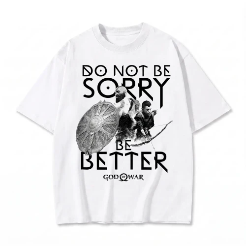 Biała koszulka God of War z napisem Do Not Be Sorry Be Better