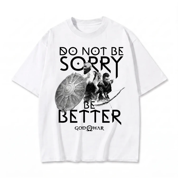 Biała koszulka God of War z napisem Do Not Be Sorry Be Better