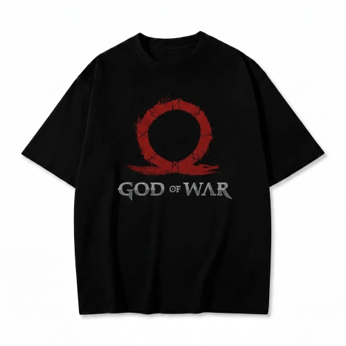 Czarna koszulka God of War z nadrukiem czerwonej omegi i logo gry