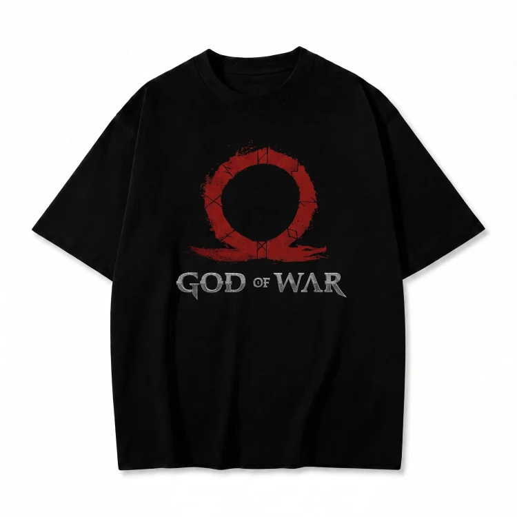 Czarna koszulka God of War z nadrukiem czerwonej omegi i logo gry