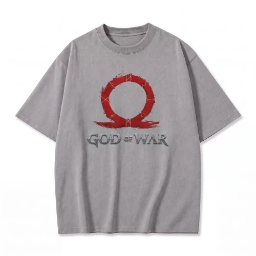 Szara koszulka God of War z nadrukiem czerwonej omegi i logo gry