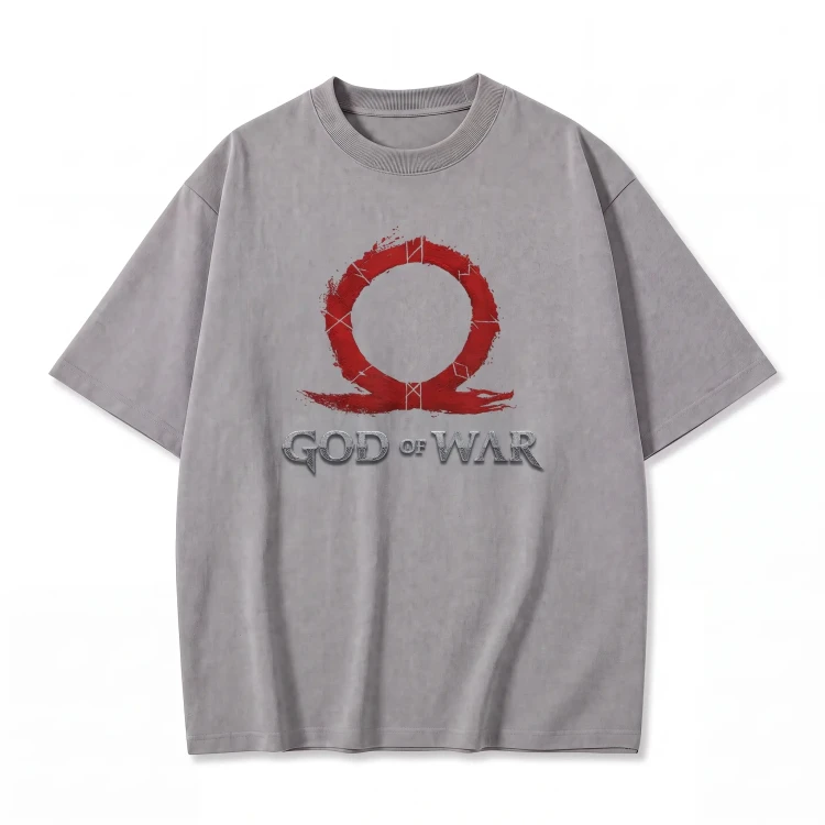 Szara koszulka God of War z nadrukiem czerwonej omegi i logo gry