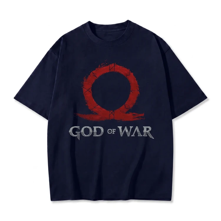 Granatowa koszulka God of War z nadrukiem czerwonej omegi i logo gry