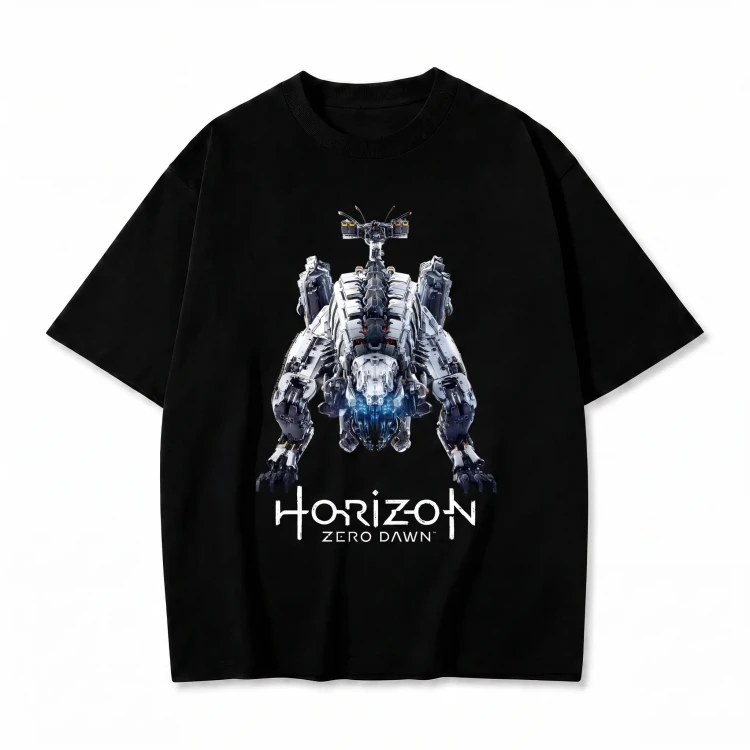 Czarna koszulka Horizon Zero Dawn z nadrukiem maszyny Thunderjaw