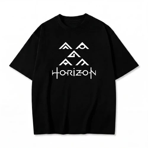 Czarna koszulka Horizon Zero Dawn z nadrukiem symboli i logo gry