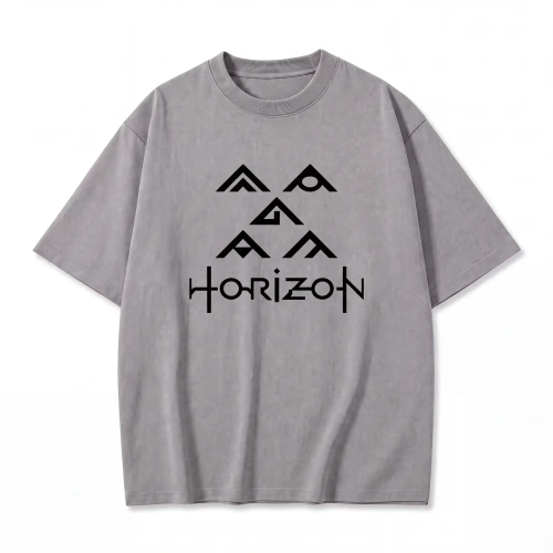 Szara koszulka Horizon Zero Dawn z nadrukiem symboli i logo gry