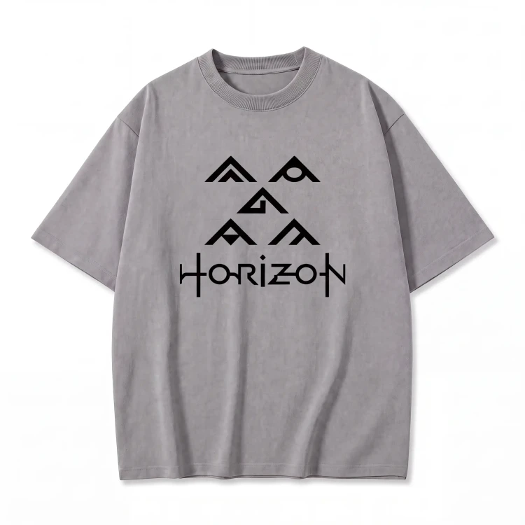 Szara koszulka Horizon Zero Dawn z nadrukiem symboli i logo gry