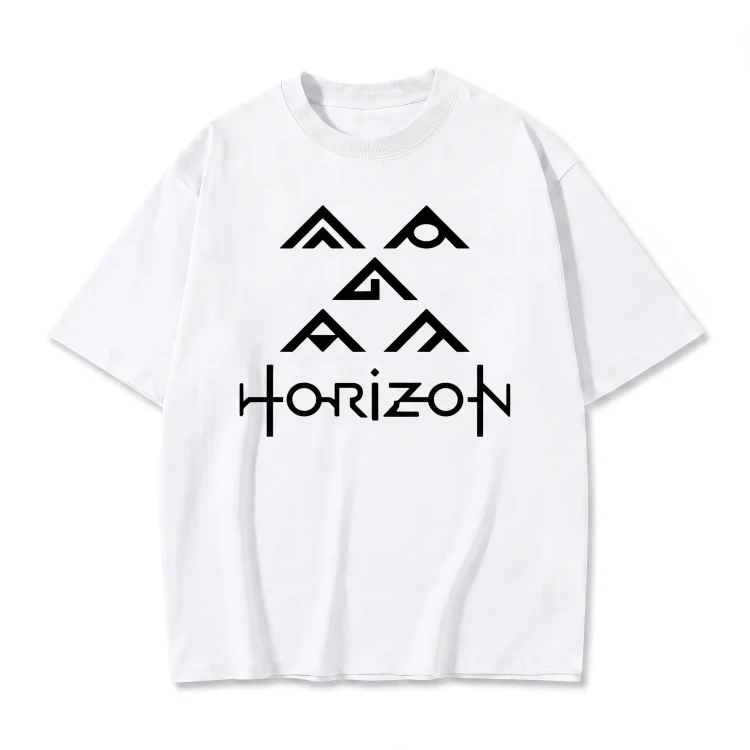Biała koszulka Horizon Zero Dawn z nadrukiem symboli i logo gry
