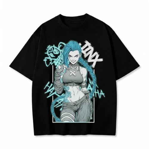 Czarna koszulka League of Legends z nadrukiem Jinx w turkusowej grafice