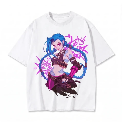 Biała koszulka League of Legends z nadrukiem Jinx z Arcane