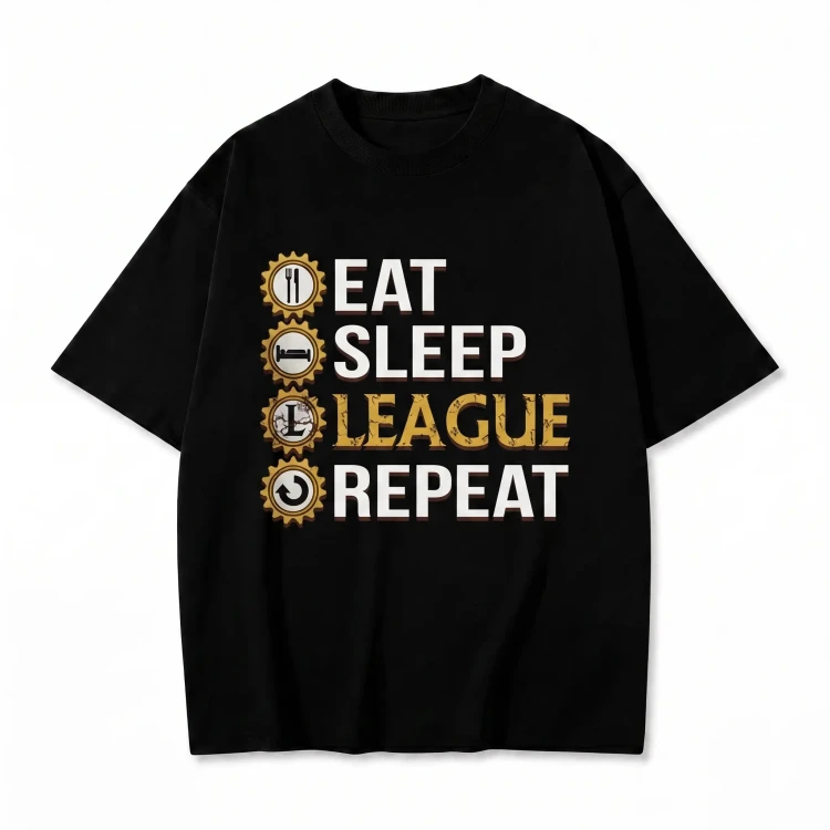 Czarna koszulka League of Legends z nadrukiem Eat Sleep League Repeat
