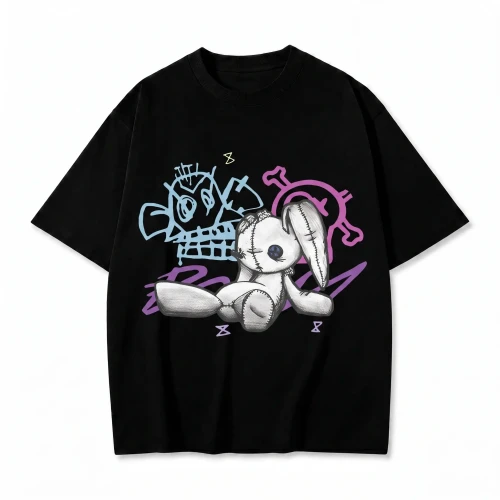 Czarna koszulka League of Legends z nadrukiem graffiti Jinx i króliczka