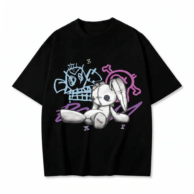 Czarna koszulka League of Legends z nadrukiem graffiti Jinx i króliczka