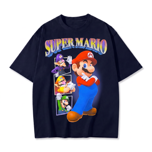 Granatowa koszulka Super Mario z nadrukiem Mario, Wario, Waluigi i Luigi