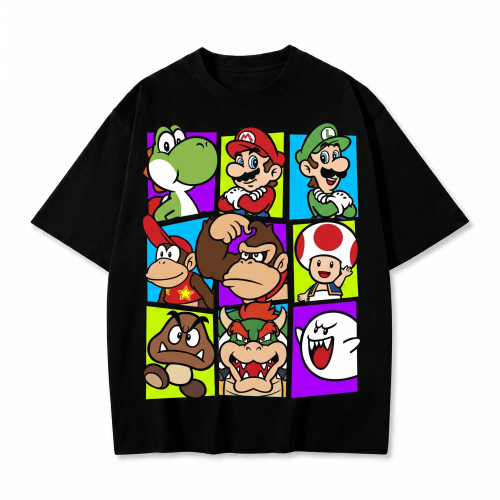 Czarna koszulka Super Mario z nadrukiem postaci Mario, Luigi, Yoshi, Donkey Kong i Bowser