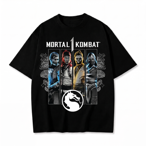 Czarna koszulka Mortal Kombat z nadrukiem postaci Sub-Zero, Liu Kang, Scorpion i Kitana