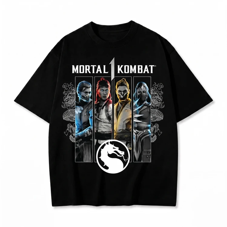 Czarna koszulka Mortal Kombat z nadrukiem postaci Sub-Zero, Liu Kang, Scorpion i Kitana
