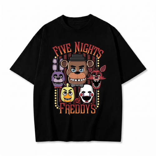 Czarna koszulka Five Nights at Freddy's z nadrukiem postaci Freddy, Bonnie, Chica, Foxy i Puppet
