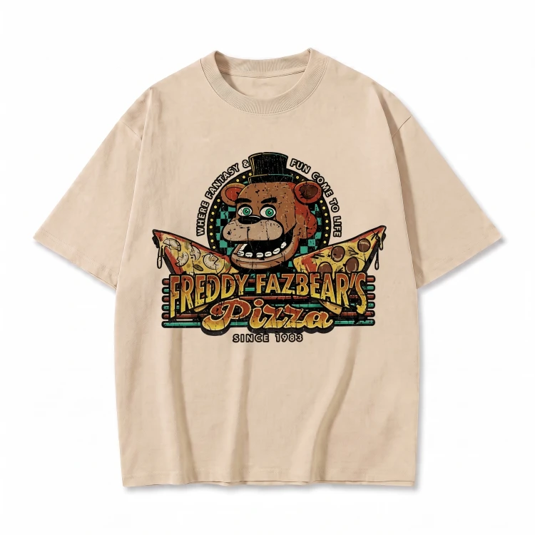 Beżowa koszulka Five Nights at Freddy's z nadrukiem logo Freddy Fazbear's Pizza