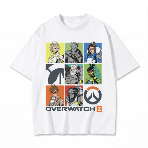 Biała koszulka Overwatch z nadrukiem bohaterów Overwatch 2
