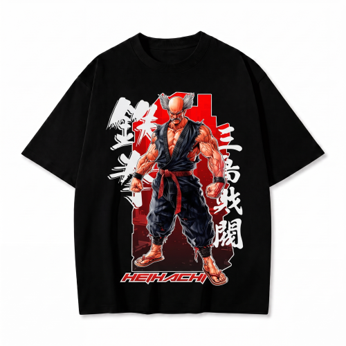 Czarna koszulka Tekken z nadrukiem Heihachiego Mishimy
