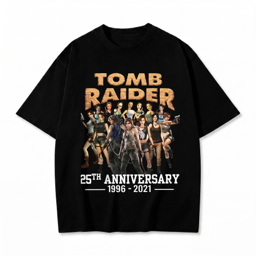 Czarna koszulka Tomb Raider z nadrukiem na 25-lecie serii