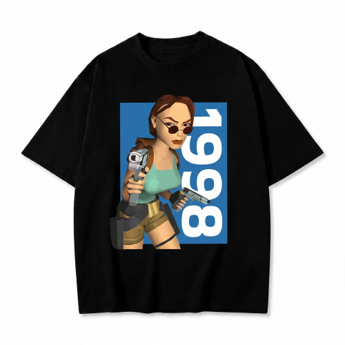 Czarna koszulka Tomb Raider z nadrukiem Lary Croft z 1998 roku