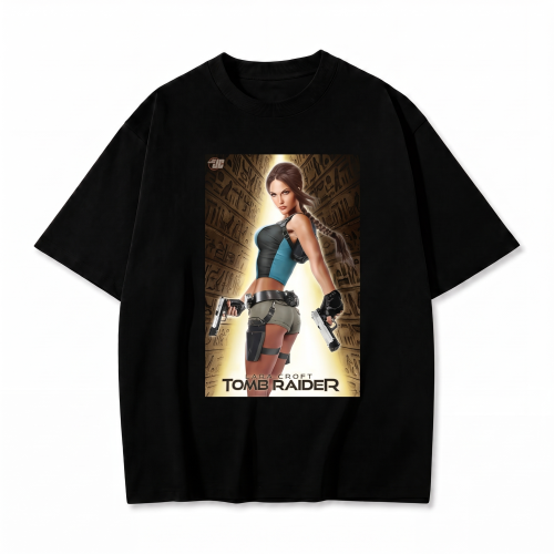 Czarna koszulka Tomb Raider z nadrukiem plakatu z Larą Croft