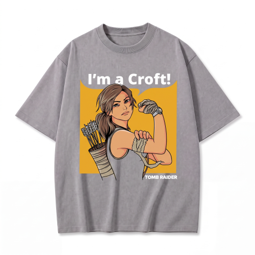 Szara koszulka Tomb Raider z nadrukiem Lary Croft „I'm a Croft!”