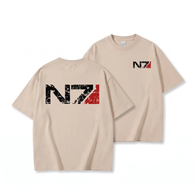 Beżowa koszulka Mass Effect z nadrukiem logo N7