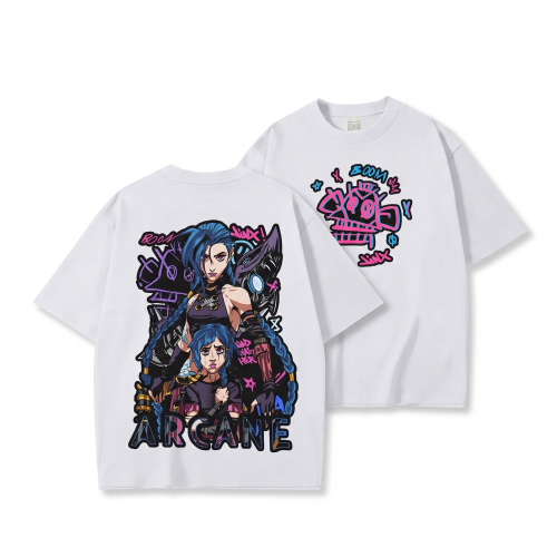 Biała koszulka Arcane / League of Legends z nadrukiem Jinx