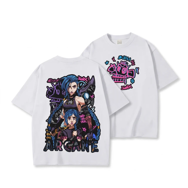 Biała koszulka Arcane / League of Legends z nadrukiem Jinx