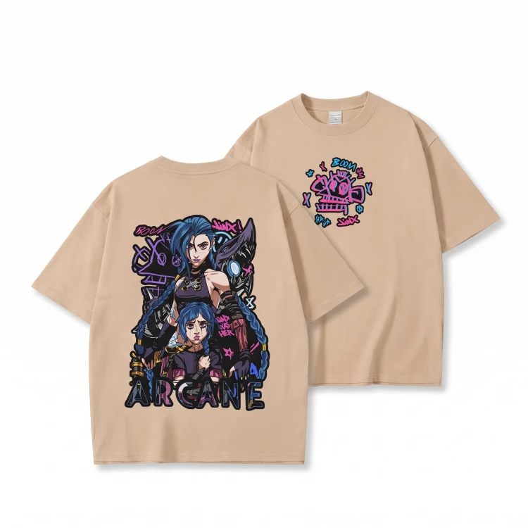 Beżowa koszulka Arcane / League of Legends z nadrukiem Jinx
