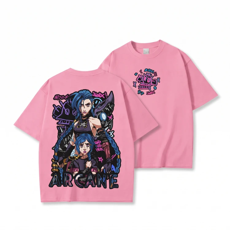 Różowa koszulka Arcane / League of Legends z nadrukiem Jinx