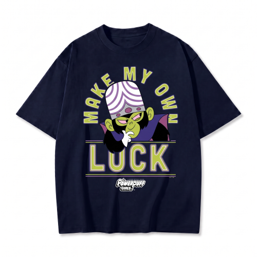 Granatowa koszulka Atomówki z nadrukiem Mojo Jojo i napisem Make My Own Luck