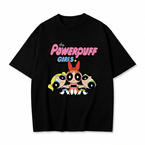 Czarna koszulka Atomówki z nadrukiem logo The Powerpuff Girls i trzech Atomówek
