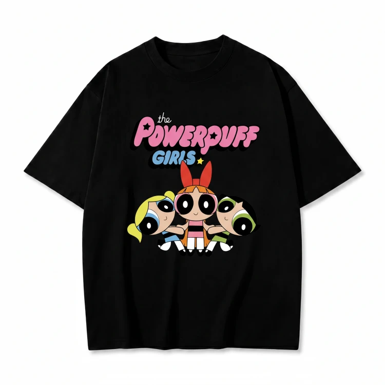 Czarna koszulka Atomówki z nadrukiem logo The Powerpuff Girls i trzech Atomówek